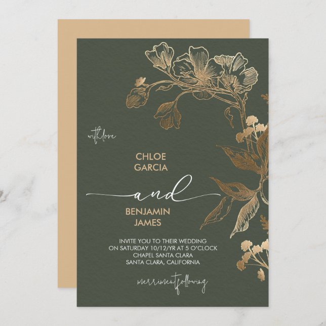 Elegant Golden Orchid Wedding Invitation (Front/Back)