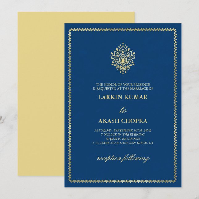 Elegant Golden Paisley Dodger Blue Wedding Invitation (Front/Back)