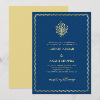 Elegant Golden Paisley Dodger Blue Wedding Invitation