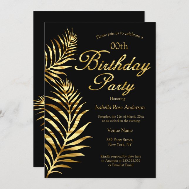 Elegant Golden Palm Black Gold Birthday Party Invitation (Front/Back)