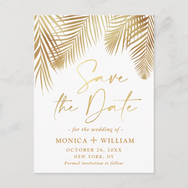 Elegant Golden Palm Branch Wedding Save the Date Announcement Postcard (Front)