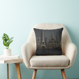 Elegant Golden Paris City Skyline Illustration Cushion