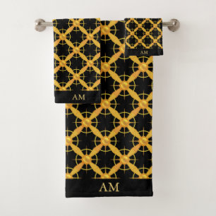Elegant Golden Pattern and Monogram on Black Bath Towel Set