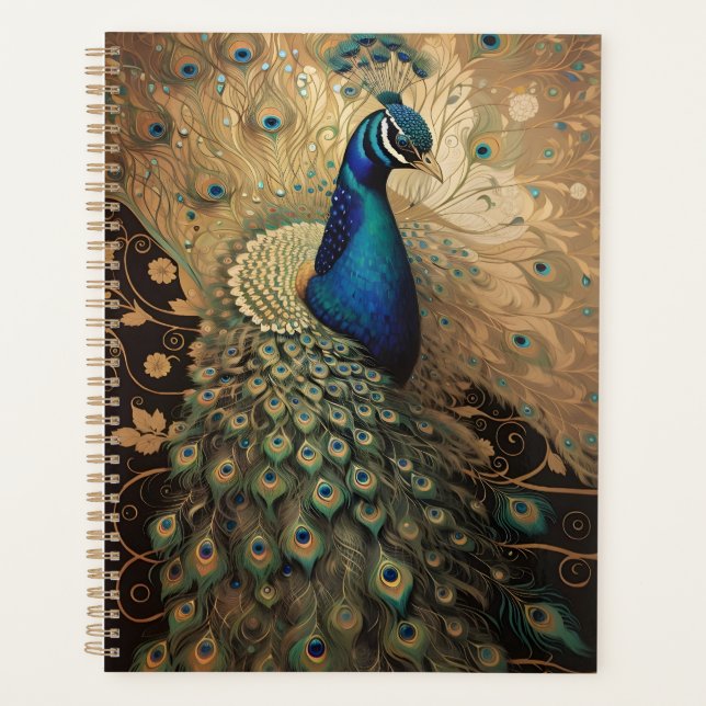 Elegant Golden Peacock Bird Planner (Front)