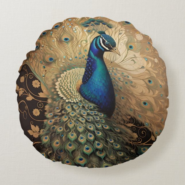 Elegant Golden Peacock Bird Round Cushion (Front)