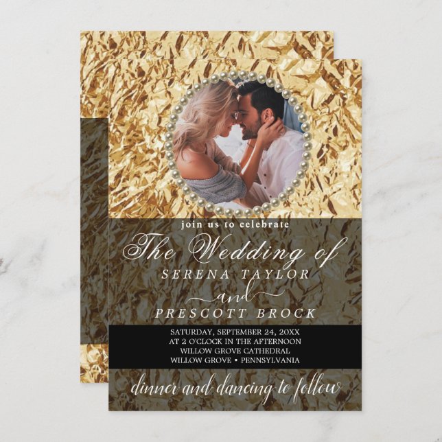 Elegant Golden Photo Calligraphy Wedding Invitatio Invitation (Front/Back)