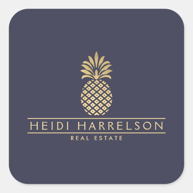 Elegant Golden Pineapple Logo on Dusky Blue Square Sticker (Front)