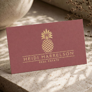 Elegant Golden Pineapple Logo on Dusky Red Business Card