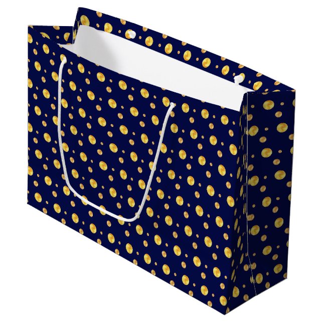 Elegant golden polka dots on navy blue large gift bag (Front Angled)