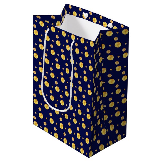 Elegant golden polka dots on navy blue medium gift bag (Front Angled)