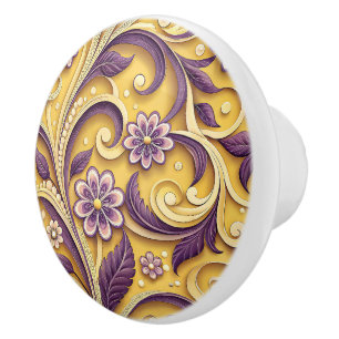 Elegant Golden Purple Floral Vintage Accent Ceramic Knob