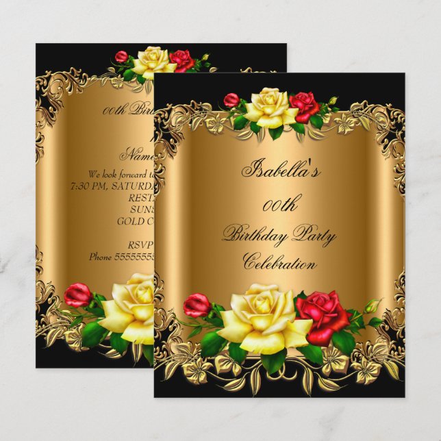 Elegant Golden Red Yellow Roses Birthday Party 2b Invitation (Front/Back)