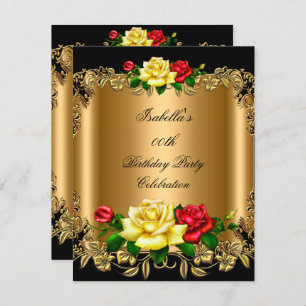 Elegant Golden Red Yellow Roses Birthday Party 2b Invitation