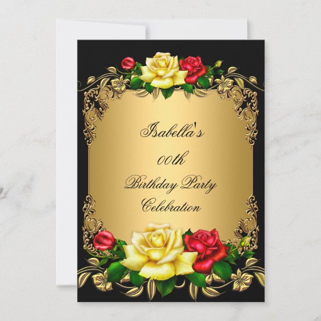 Elegant Golden Red Yellow Roses Birthday Party A Invitation (Front)