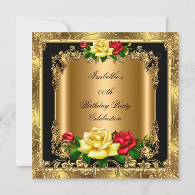 Elegant Golden Red Yellow Roses Birthday Party Invitation (Front)
