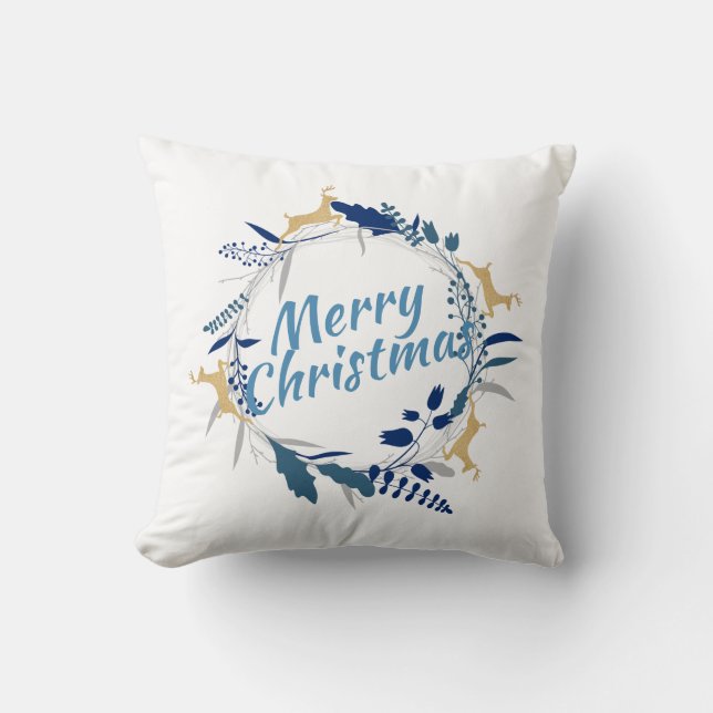 Elegant Golden Reindeer Floral Christmas Wreath Cushion (Front)