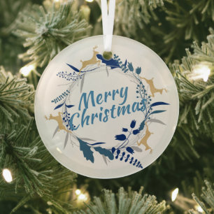 Elegant Golden Reindeer Floral Christmas Wreath Glass Tree Decoration