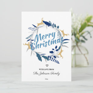 Elegant Golden Reindeer Floral Christmas Wreath Holiday Card