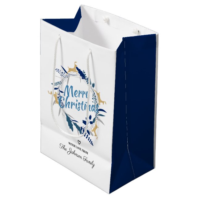 Elegant Golden Reindeer Floral Christmas Wreath  Medium Gift Bag (Front Angled)