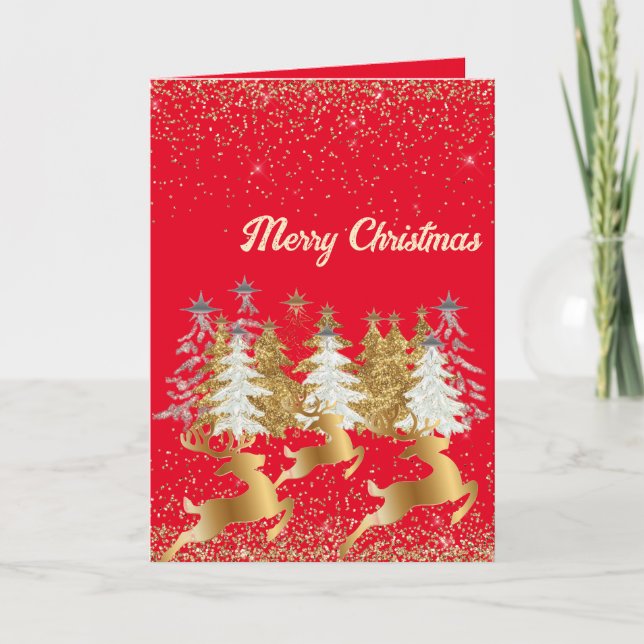 Elegant Golden Reindeers & Christmas Trees Red  Holiday Card (Front)