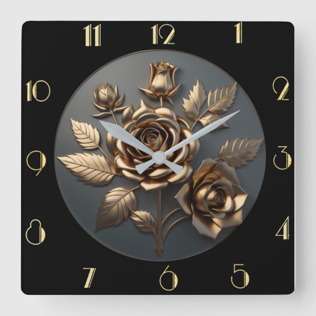 Elegant golden rose square wall clock (Front)