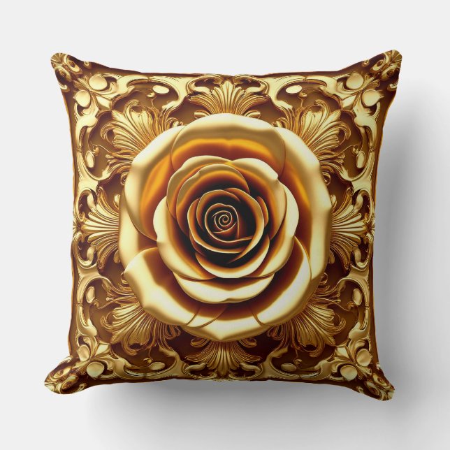 Elegant Golden Rose with Ornate Decorative Frame Cushion (Front)