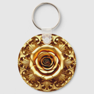 Elegant Golden Rose with Ornate Decorative Frame Key Ring