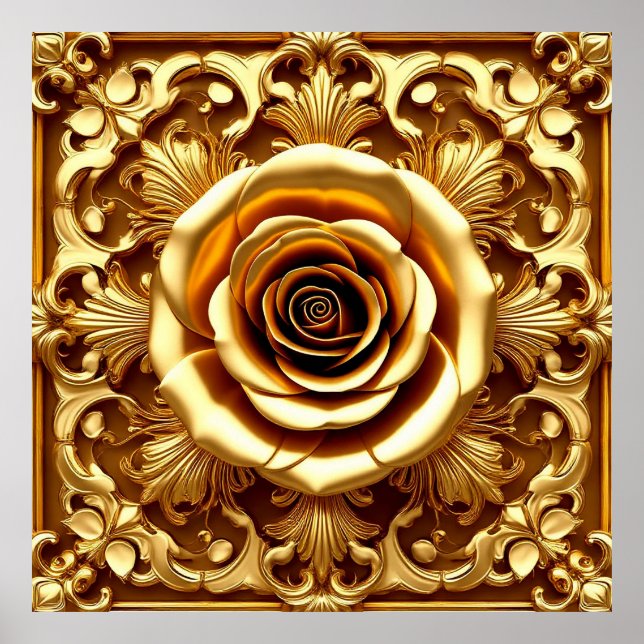 Elegant Golden Rose with Ornate Decorative Frame Poster (Front)