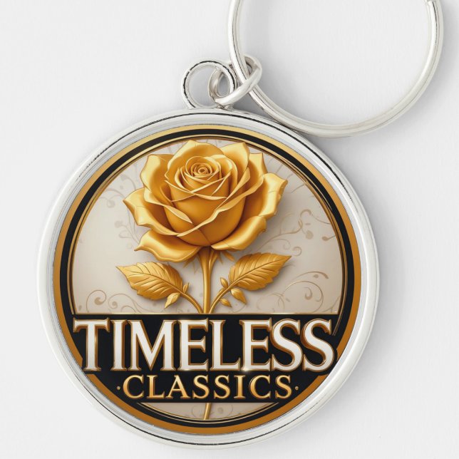 Elegant Golden Rose With Timeless Classics Text Key Ring (Front)