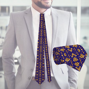 Elegant golden roses on royal blue tie