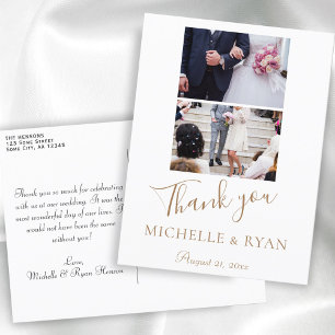 Elegant Golden Script Wedding 2 Photos Thank you Postcard