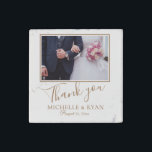Elegant Golden Script Wedding Photo Thank you Stone Magnet<br><div class="desc">Elegant Golden Script Wedding Photo Thank you Stone Magnet. A wedding favour magnet with a custom wedding photo,  bride and groom`s names and the wedding date - personalise with your names and date and insert your wedding photo into the template. A great way to thank your wedding guests</div>