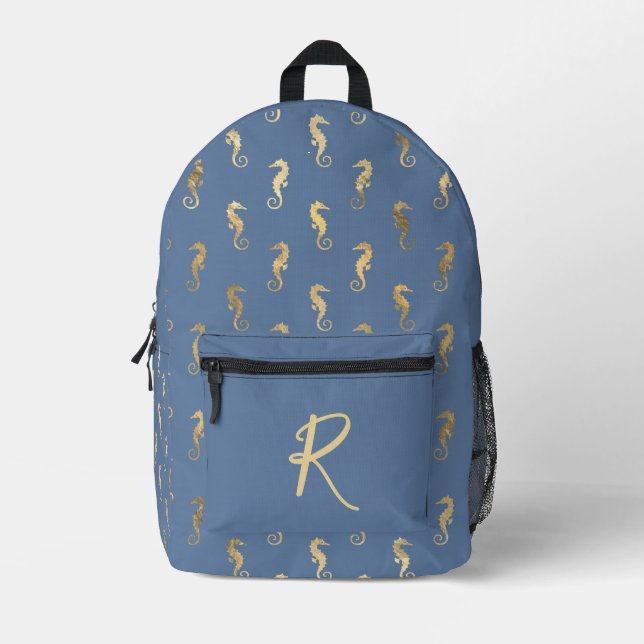 Elegant Golden Seahorses on Blue Personalised Printed Backpack (Front)