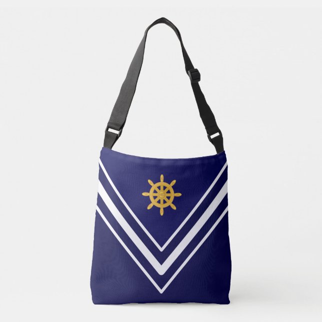 Elegant Golden Ship Wheel on Navy Blue & White Crossbody Bag (Front)