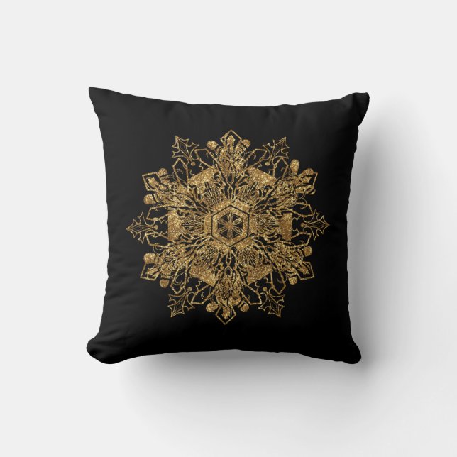 Elegant Golden Snow Flake Burgundy Throw Pillow (Front)