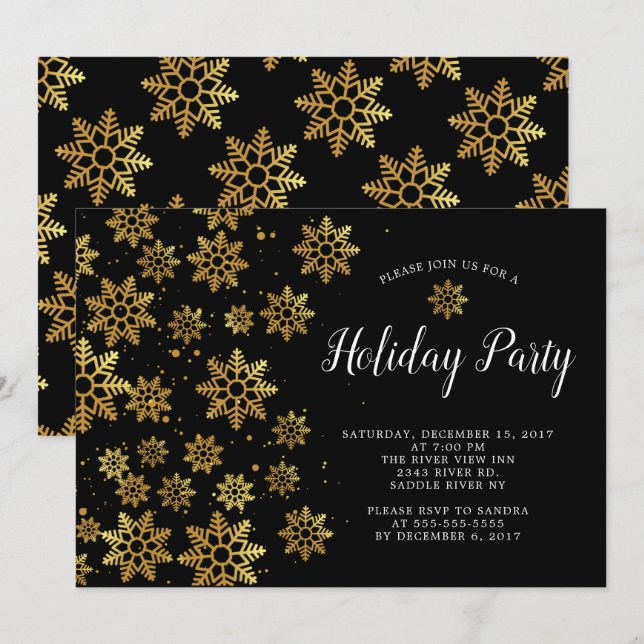 Elegant Golden Snowflakes Holiday Party Invitation (Front/Back)