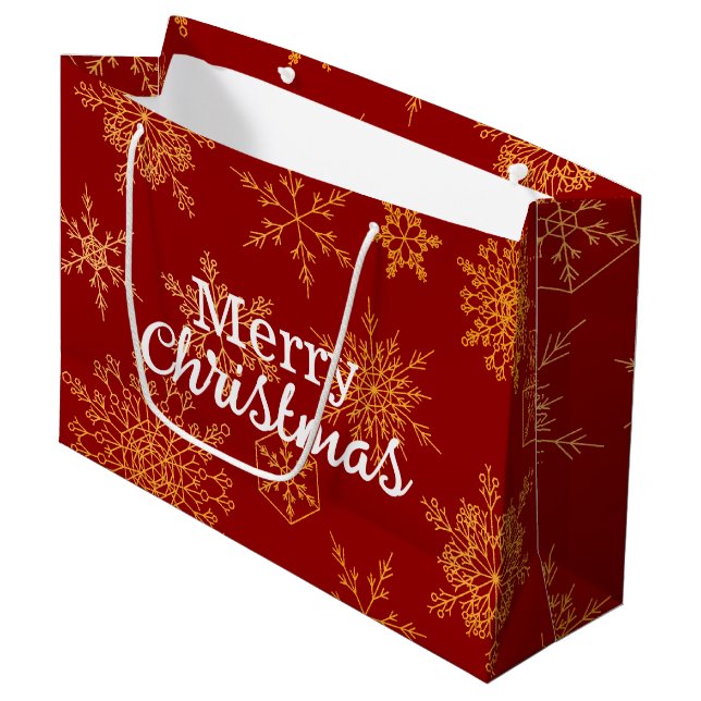 Elegant Golden Snowflakes Red Cute Merry Christmas Large Gift Bag (Front Angled)