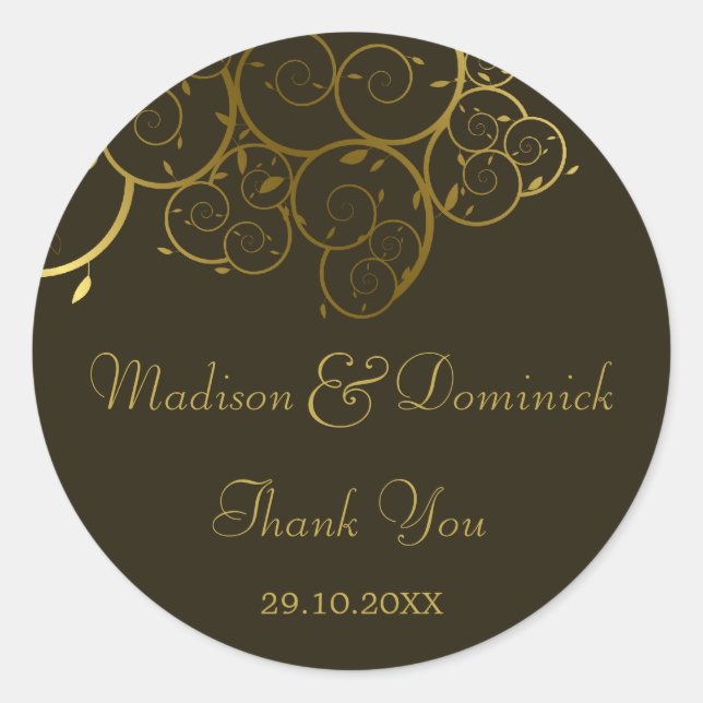 Elegant Golden Spiral Vines Classy Wedding Sticker (Front)
