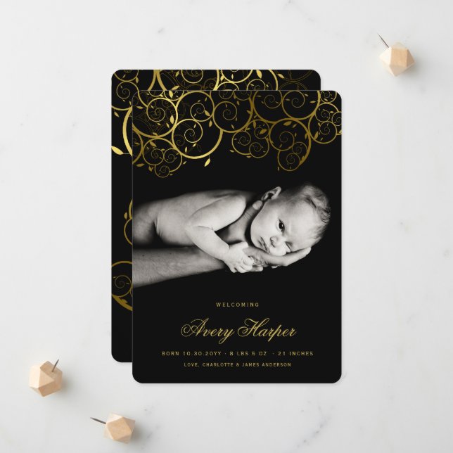 Elegant Golden Spirals Modern New Baby Photo Birth Announcement (Front/Back In Situ)
