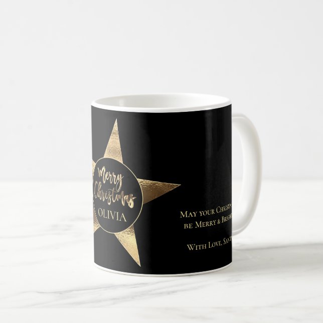 Elegant Golden Star Add Name Merry Christmas Black Coffee Mug (Front Right)