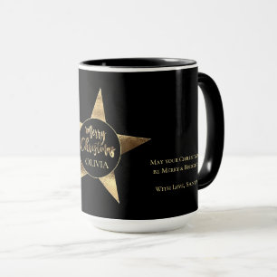Elegant Golden Star Add Name Merry Christmas Black Mug