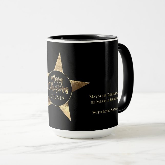 Elegant Golden Star Add Name Merry Christmas Black Mug (Front Right)