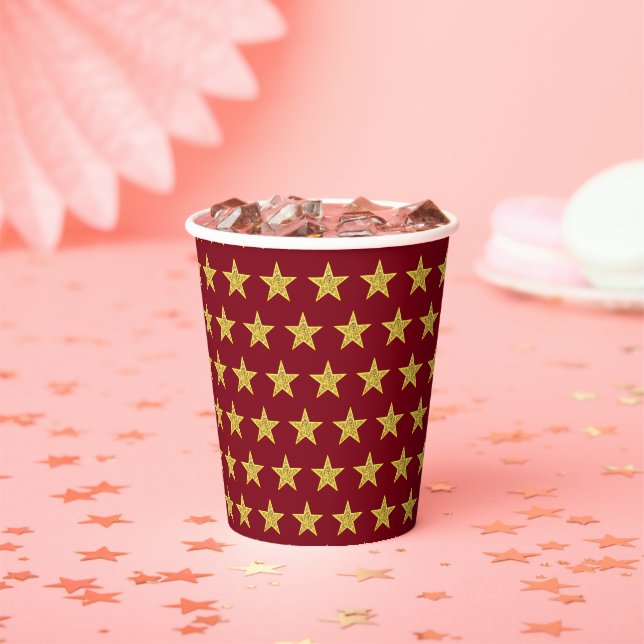 Elegant Golden Star Pattern on Burgundy Red Paper Cups (Insitu)