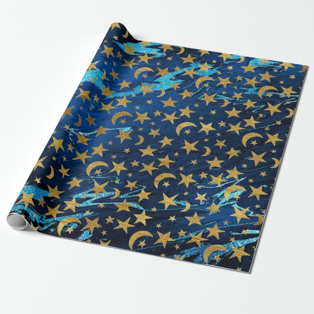 Elegant Golden Stars and Moon Blue Navy Marble Wrapping Paper (Unrolled)