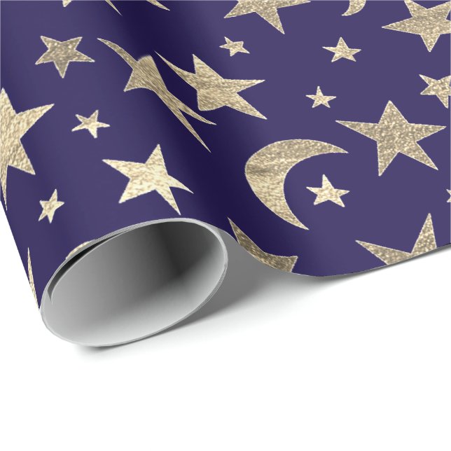Elegant Golden Stars Moon Blue Navy Champaigne Wrapping Paper (Roll Corner)