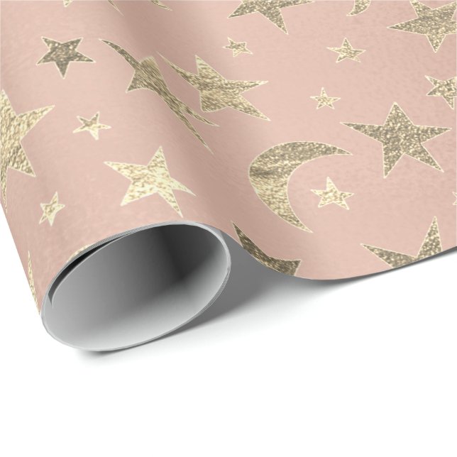 Elegant Golden Stars Moon Rose Pink Champaigne Wrapping Paper (Roll Corner)