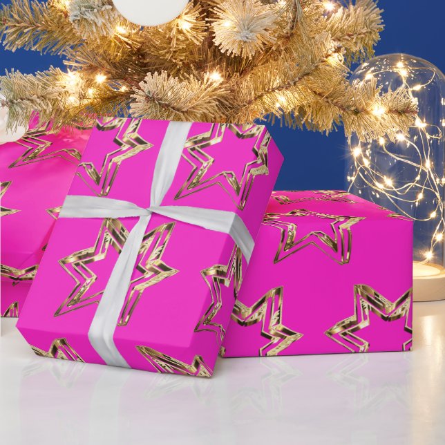 Elegant Golden Stars Pattern Hot Pink Christmas Wrapping Paper (Holidays)