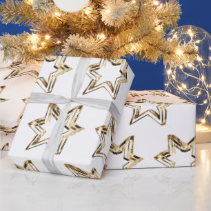 Elegant Golden Stars Pattern White Christmas Wrapping Paper