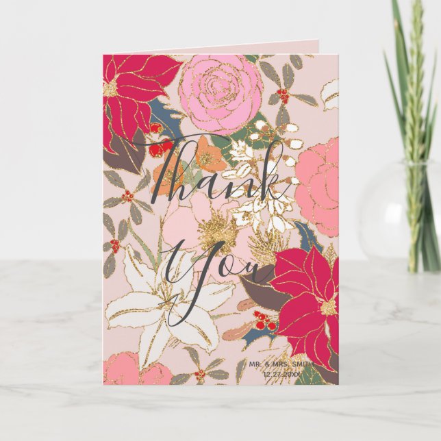 Elegant Golden Strokes Colourful Winter Floral Thank You Card (Front)