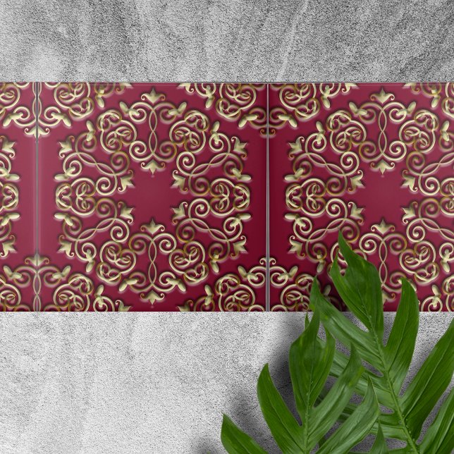 Elegant Golden Swirls and Curves on Burgundy Red  Tile (Creator Uploaded)